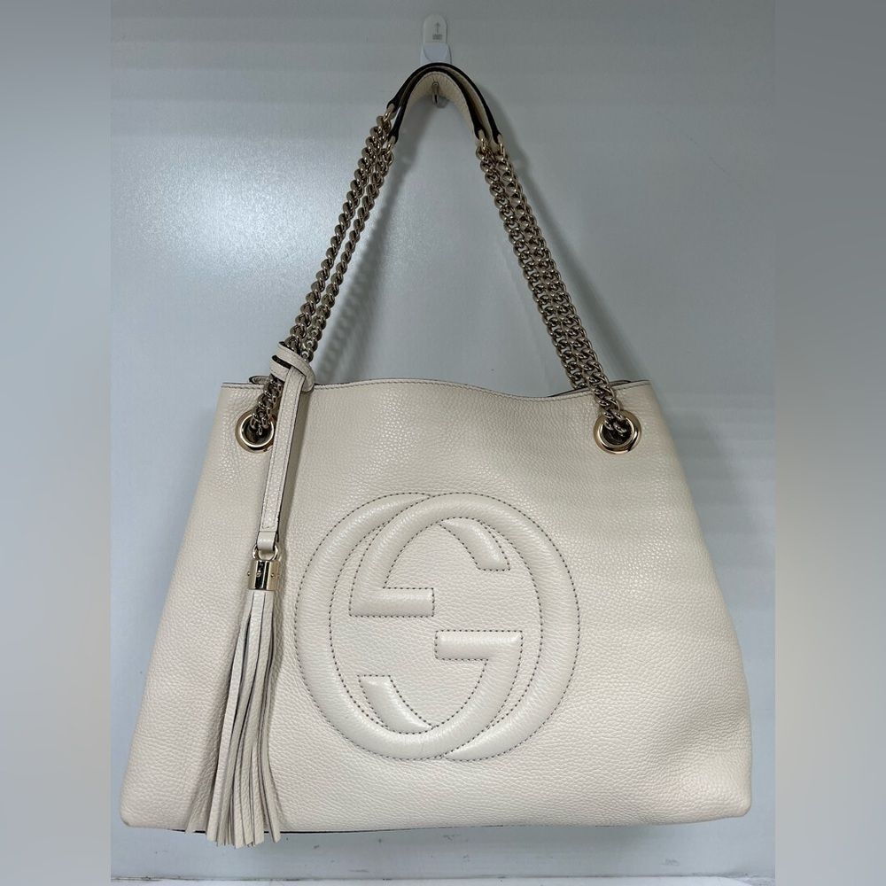 Gucci Soho Leather Medium ChainStrap Tote Ivory/off white